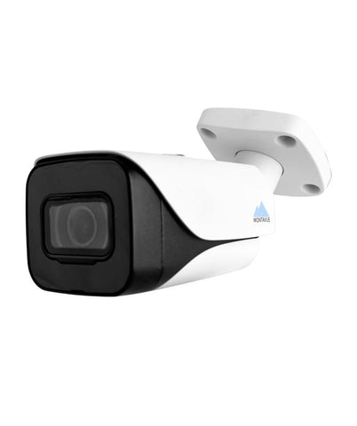 Right side view of a single 4K 8 megapixel bullet style security camera. White housing with blue montavue logo on the side