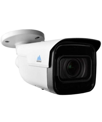 A single 4K 8 megapixel varifocal security camera with a white metal exterior