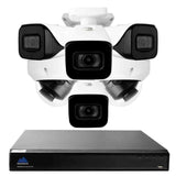 Complete 4K security camera system with a single square black NVR, 4 white bullet style security cameras and 2 white dome style security cameras