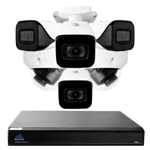 Complete 4K security camera system with a single square black NVR, 4 white bullet style security cameras and 2 white dome style security cameras
