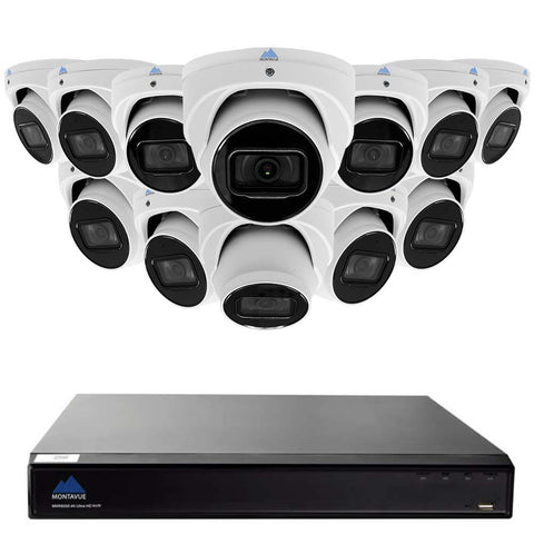Montavue - AI Smart Motion Human/Vehicle Detect Security System w/ 12 2K 5 Megapixel IP SMD Turret Cameras with Built-in Mic, 3TB HDD