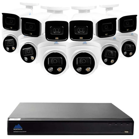 Montavue - 16 Channel Active Deterrence Security System w/ 12 5MP IP Cameras, Human/Vehicle Filter, Siren, Strobe