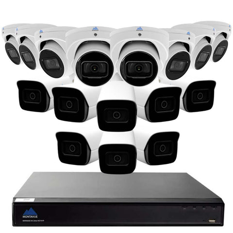 Montavue-4K Ultra HD IP NVR Surveillance System w/ 16 2K 5 Megapixel IP AI-SMD Cameras with Built-in Mic, 3TB HDD