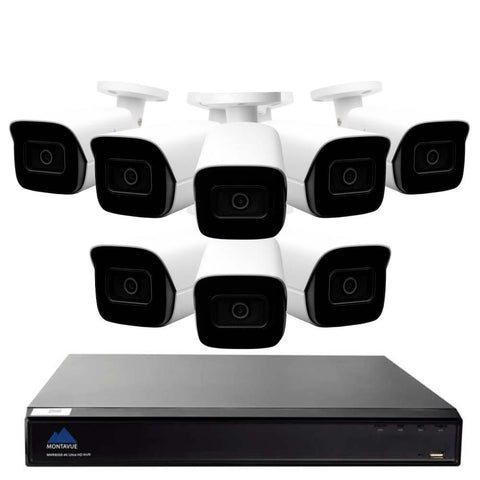 Montavue-AI Smart Motion Detection Ultra HD IP 16 Channel Surveillance System w/ 8 2K 5 Megapixel IP SMD Bullet Cameras with Built-in Mic, 3TB HDD