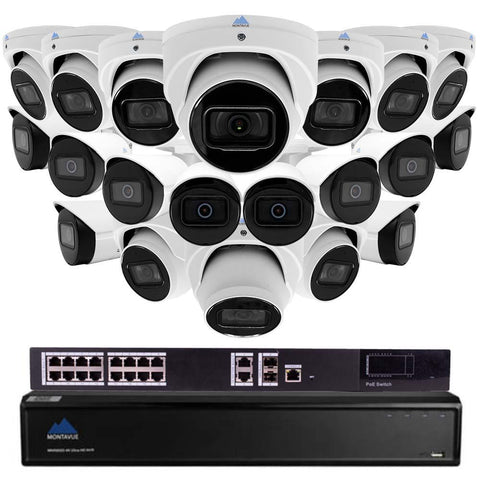 Montavue 32 channel IP Audio Security Camera System with 20 4MP 2K IP Bullet & Turret Cameras