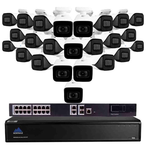 4K security camera system with a single black NVR, single black PoE switch and 32 white bullet style security cameras.