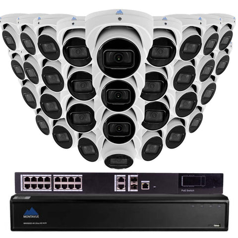 Montavue IP Security Camera System with 32 4MP 2K IP Turret Cameras, Built-in Audio Mic, Starlight Night Vision