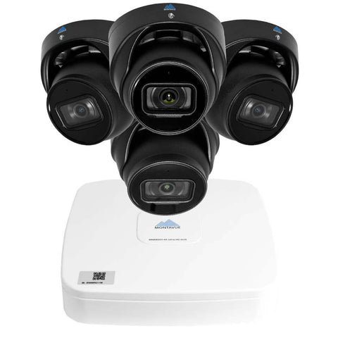 Montavue Home Security System 4 Channel NVR w/ 4 4MP IP Security Audio Turret Cameras, Starlight Night Vision