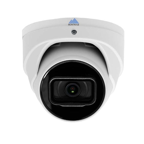 Front facing view of a single 4K 8 megapixel turret style security camera. White housing