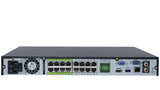 Back view of a black 16 channel NVR showing the 16 PoE ports, hdmi port, vga port, LAN port, usb connection, and power connection.