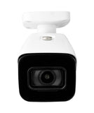 Front facing view of a single 4K 8 megapixel bullet style security camera. White housing