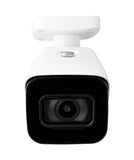 Front view of a single 4K 8 megapixel bullet style security camera. White housing