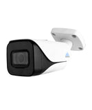 side view of a single 4K 8 megapixel bullet style security camera. White housing with blue montavue logo on the side