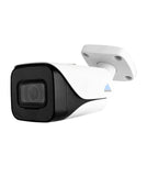 Right side view of a single 4K 8 megapixel bullet style security camera. White housing with blue montavue logo on the side