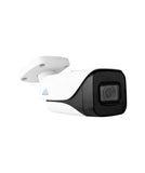 Left side view of a single white 4K 8 megapixel bullet style security camera with a blue montavue logo on the side