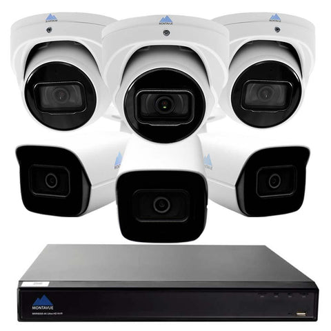 Montavue-4K Ultra HD IP NVR Surveillance System w/ 6 2K 5 Megapixel IP AI-SMD Cameras with Built-in Mic, 2TB HDD