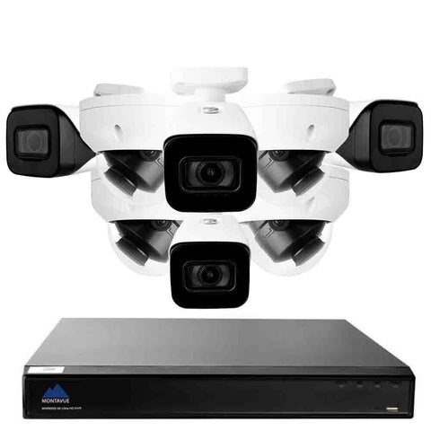 4K security camera system with a single square black NVR, 4 white bullet style cameras and 4 white dome style cameras 