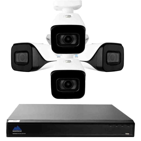 4K security camera system with a single square black NVR and 4 white bullet style security cameras