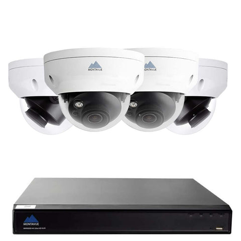 Complete 4K security camera system with a single square black NVR and 4 white dome style security cameras