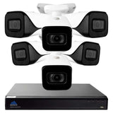 4K security camera system with a single square black NVR and 6 white bullet style security cameras