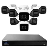 4K surveillance system with a single square black NVR and 8 white bullet style security cameras