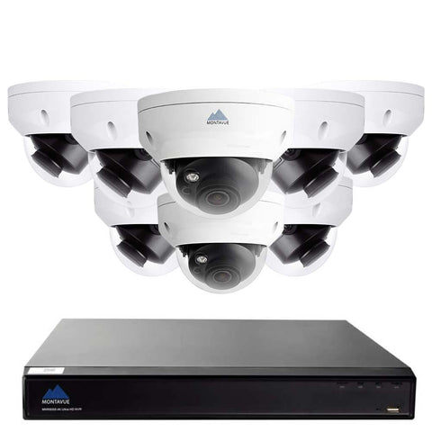 4K security camera system with a single square black NVR and 8 white dome style surveillance cameras