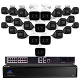 4K security camera system with a single black NVR, single black PoE switch and 32 white bullet style security cameras.