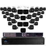 4K security camera system with a single black 32 channel NVR ,single black 16 port switch and 32 white 4K bullet style security cameras