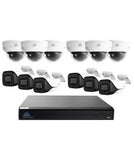 4k 8 megapixel security system showing 6 white bullet style security cameras, 6 white dome style cameras and a single black 16 channel NVR