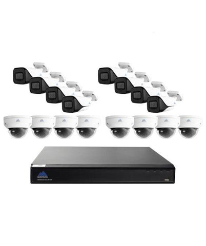 4k 8 megapixel security sytem with 8 white bullet style security cameras, 8 white dome style cameras and a black 16 channel NVR