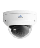 Front facing view of a single 4K 8 megapixel dome style security camera. White housing with clear vandal resistant dome covering