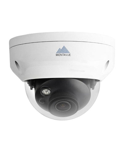 Front view of a single white 4K 8 megapixel dome style security camera with a clear vandal resistant dome cover