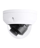 Side view of a single 4K 8 megapixel dome style security camera. White housing with clear vandal resistant dome covering